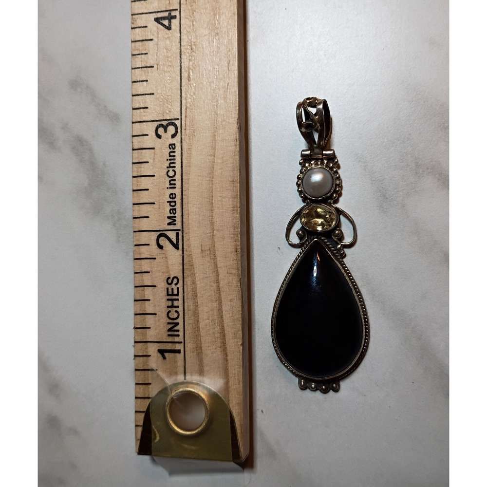 925 Silver Black Onyx Citrine Pendant No Makers Mark Great Piece Rare Design HTF